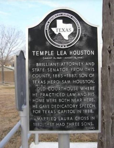 Placard near courthouse depicting biographical information about Temple Lea Houston